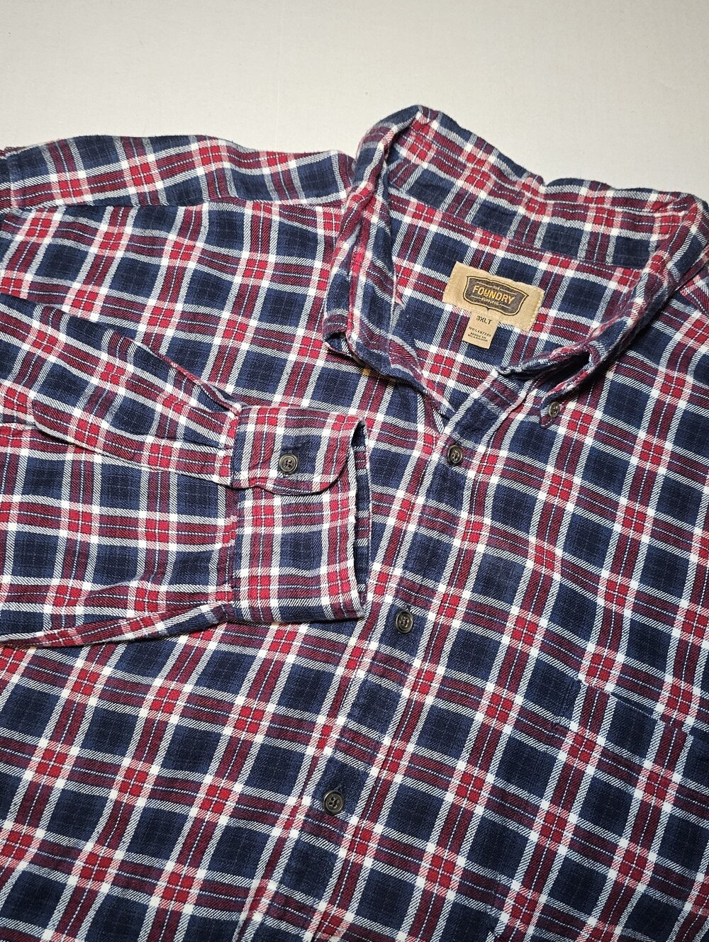 Foundry Men’s 3XLT Flannel Long Sleeve Button-Down Shirt Blue Red White Plaid